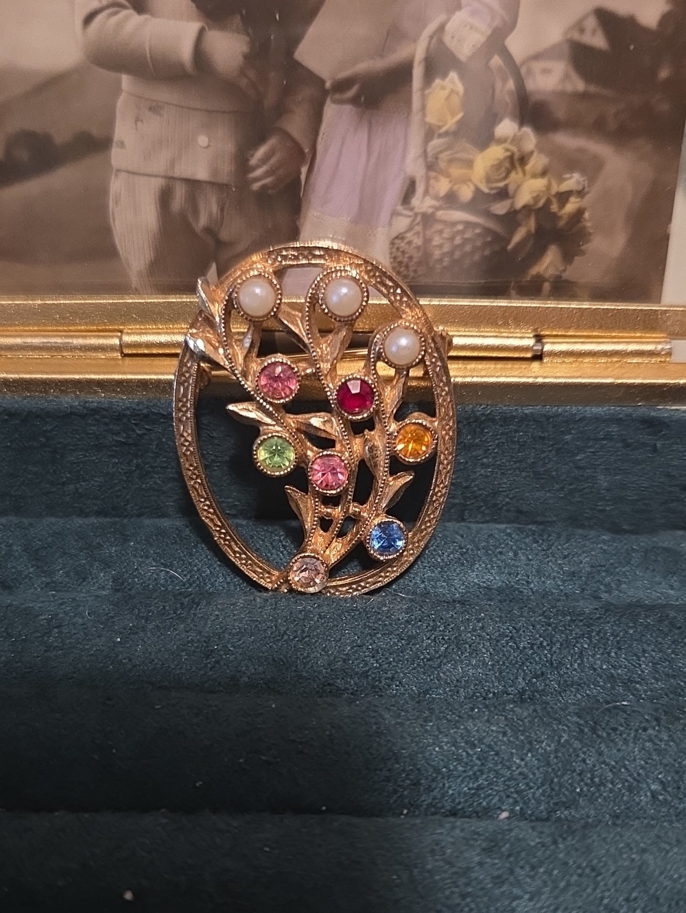Sarah Coventry Canada Gold-Tone Multicolor Gemstone Floral Brooch with Pearls